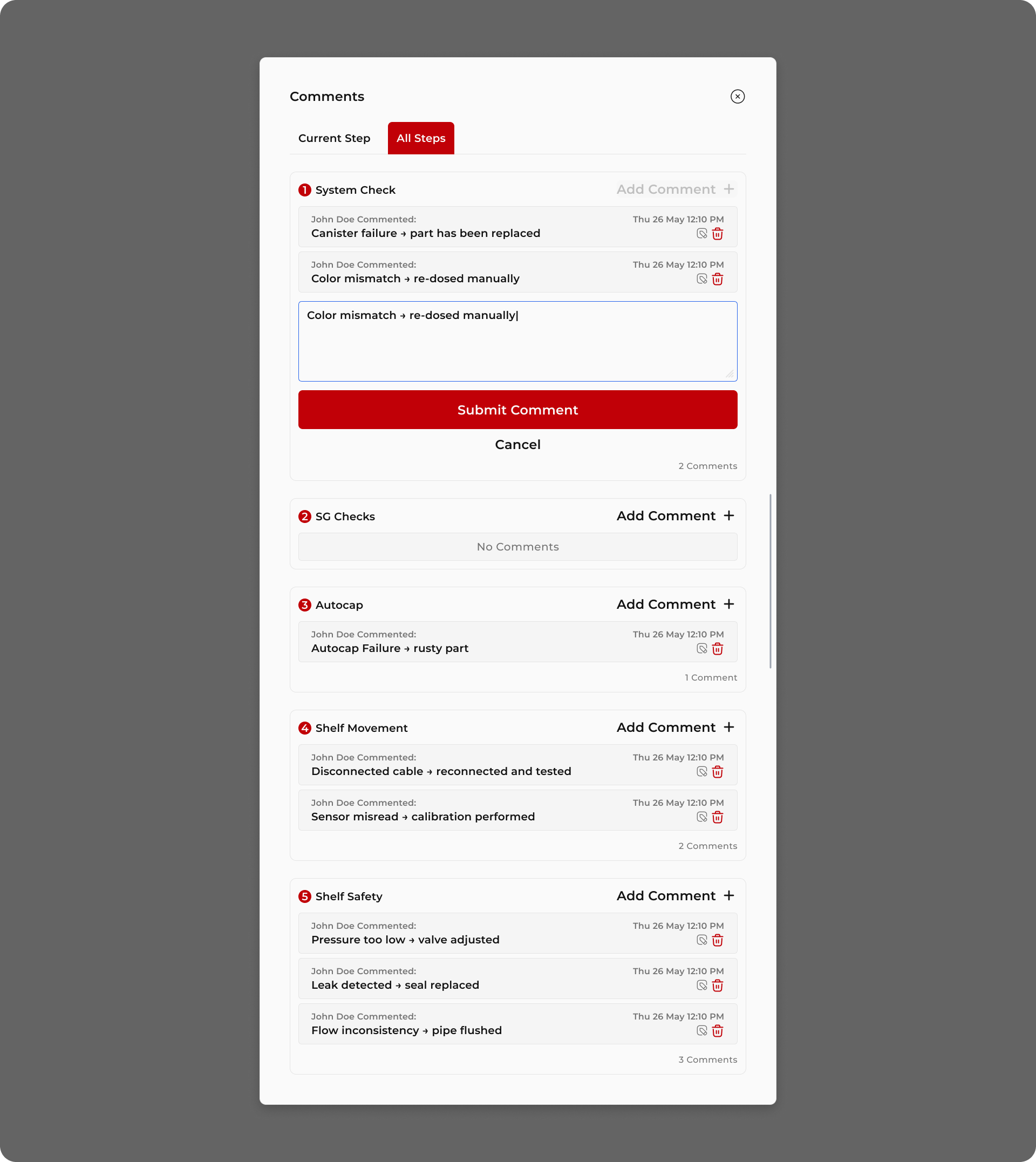 Comments across every diagnostic step