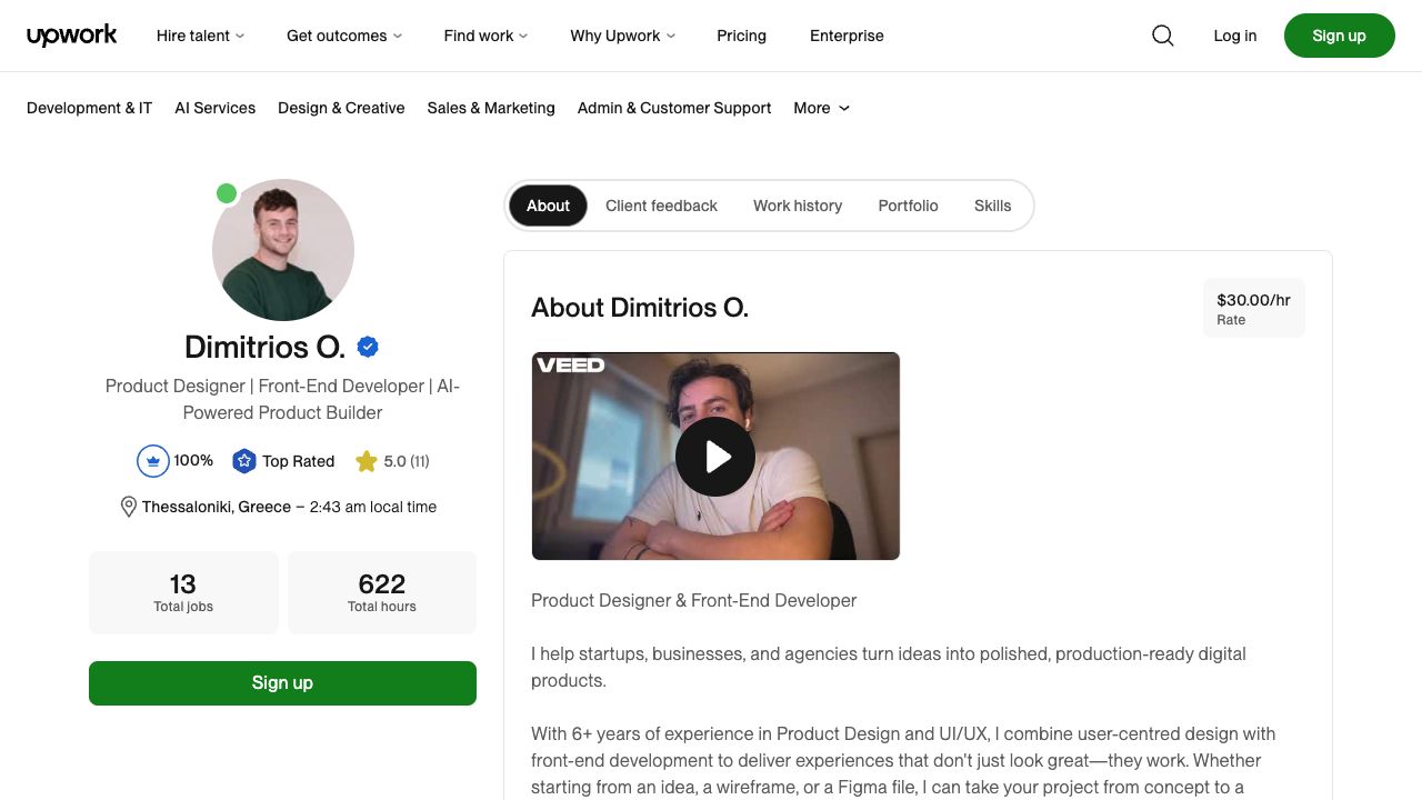 Dimitrios Orfanos Upwork profile showing Top Rated status and client metrics